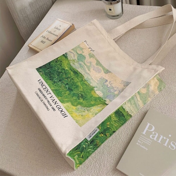 Vincent Van Gogh Dutch Post-Impressionist Painter "Green Wheat Fields at Auvers" Aesthetic Canvas Art Tote Bag with Zipper & Inner Pocket