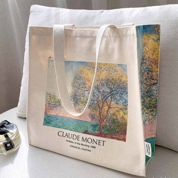 Claude Monet Französischer Ölmaler „Antibes am Morgen, 1888“ Ästhetische Leinwand-Kunst-Tragetasche mit Reißverschluss und Innentasche