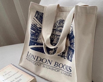 Cotton Tote Bag London Books Book Store Cotton Aesthetic Canvas Tote Bag with Zipper Closure & Inner Zipped Pocket