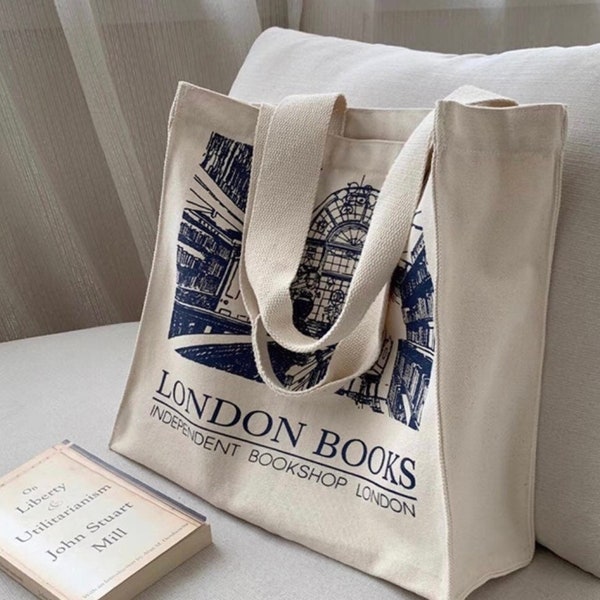 London Books Book Store Cotton Aesthetic Canvas Tote Bag with Zipper Closure & Inner Zipped Pocket