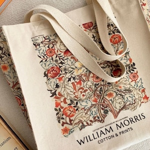 William Morris British Textile Design “Pink & Rose, 1890” Aesthetic Canvas Art Tote Bag with Zipper Closure and Inner Pocket