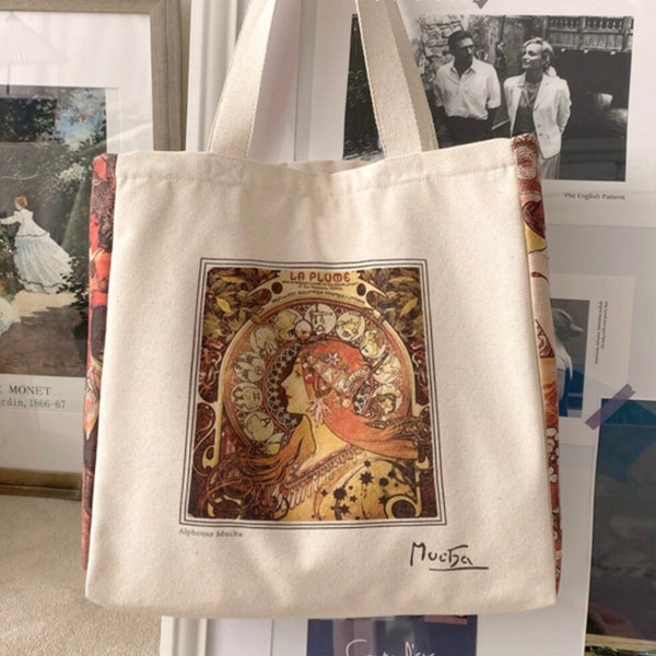 Alphonse Mucha Jugendstil Künstler “Sternzeichen, 1896” Ästhetische Kunst auf Leinwand, Einkaufstasche mit Reißverschluss und Innentasche