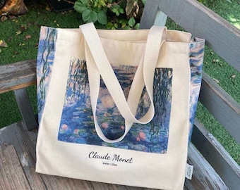 OUR BEST SELLER Claude Monet French Oil Painter "Water Lilies 1840-1926" Aesthetic Canvas Art Tote Bag with Zip Closure & Inner Pocket