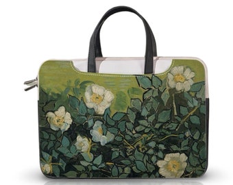Van Gogh Laptop Bag &quot;Wild Roses, 1890&quot; Aesthetic Art Laptop Sleeve with Handles & Strap - Macbook Pro Case