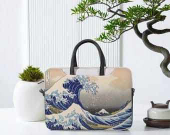 Katsushika Hokusai Laptop Bag &quot;The Great Wave off Kanagawa, 1831&quot;  Aesthetic Art Laptop Sleeve Handles & Strap