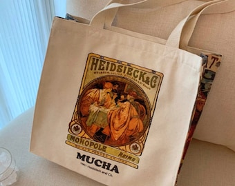 Alphonse Mucha, artiste art nouveau « Heidsieck & Co. Sac fourre-tout esthétique en toile avec fermeture éclair et poche intérieure
