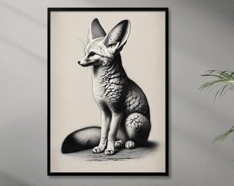 Natuurhistorische plaatillustratie Fennekvos, zoölogische gravure in 19e-eeuwse stijl