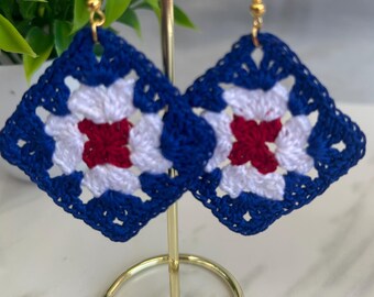 Handmade Patriotic Granny Square Crochet Earrings - Red, White & Blue.