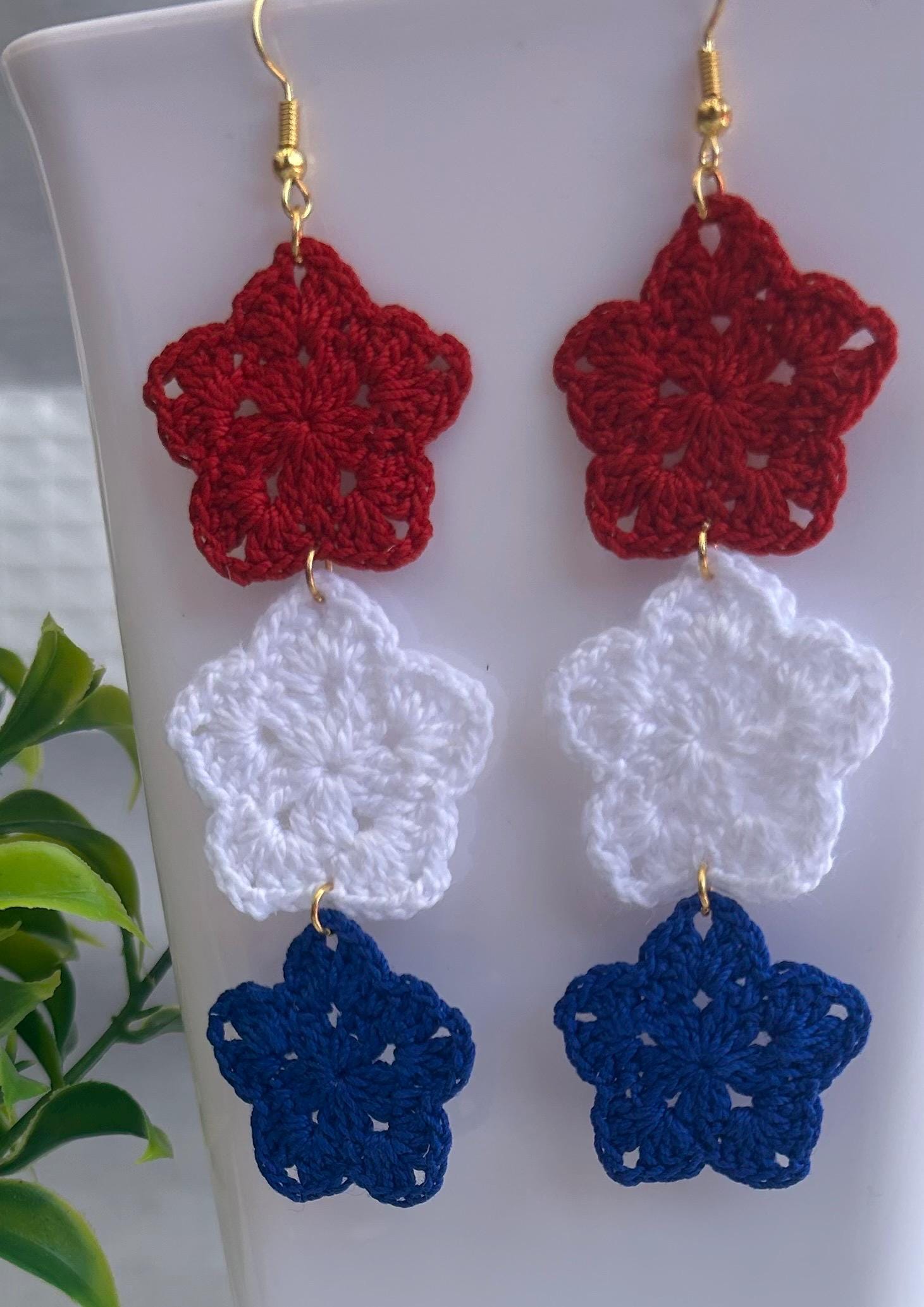 Handmade Patriotic Crochet Flower Earrings - Red, White & Blue.