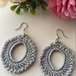Beautiful Silver handcrafted earrings,  Dangle Oval Crochet Earrings,  Handcrafd Crochet Earrings, Macrame Earrings.