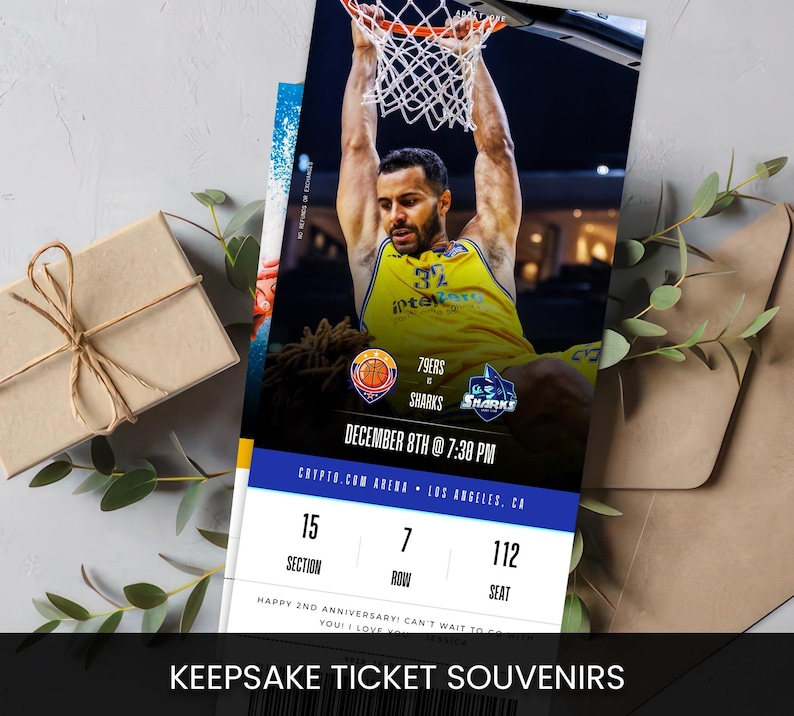 May include: A keepsake ticket souvenir featuring a basketball player dunking the ball. The ticket includes game details: 79ERS vs Sharks, December 8th at 7:30 PM, Crypto.com Arena, Los Angeles, CA. The text "KEEPSAKE TICKET SOUVENIRS" is at the bottom.