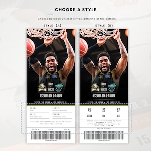 May include: Two basketball game tickets with a player dunking a ball. The tickets are for the Eagles vs. Wildcats game on December 8th at 7:30 PM. One ticket has a personalized message and the other has section, row, and seat information.