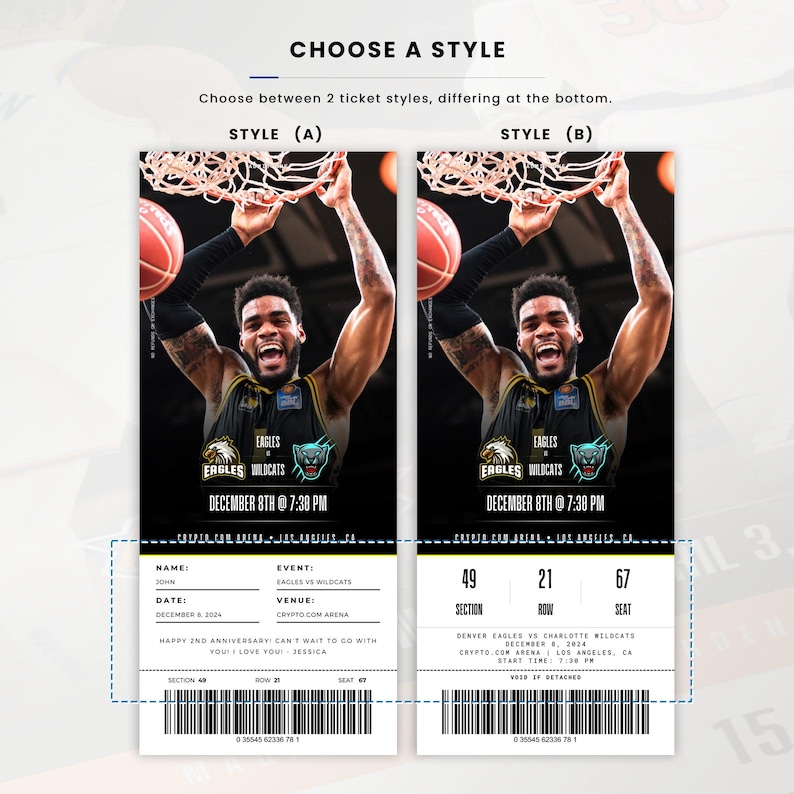 May include: Two basketball game tickets with a player dunking a ball. The tickets are for the Eagles vs. Wildcats game on December 8th at 7:30 PM. One ticket has a personalized message and the other has section, row, and seat information.