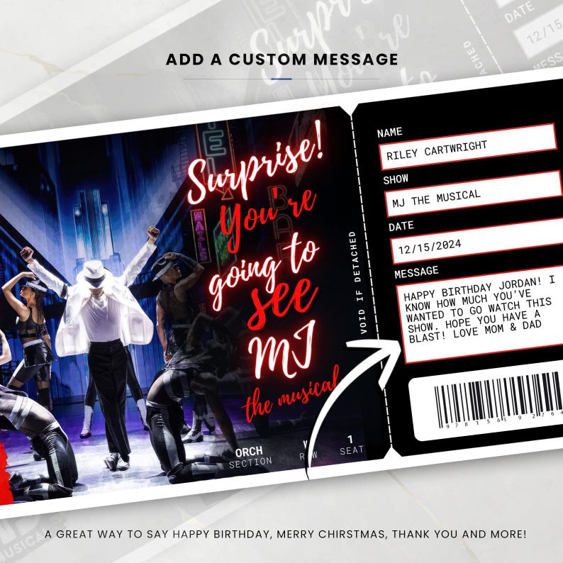 Op de afbeelding: Een zwart-wit ticket voor "MJ The Musical" met de tekst "Surprise! You're going to see MJ the musical." Het ticket bevat een aangepaste boodschap, datum en naam. De achtergrond toont een podiumvoorstelling.