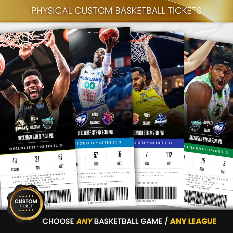 May include: Custom basketball tickets featuring players in action. Each ticket displays team logos, game details, and seat information. The tickets are for games in Los Angeles, CA, with the text "CHOOSE ANY BASKETBALL GAME / ANY LEAGUE".