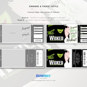 Op de afbeelding: Afbeelding van twee ticketstijlen voor de musical "Wicked". Stijl A heeft een grijs ticket met de tekst "Surprise! You're going to see..." en een "Wicked" ticketontwerp. Stijl B heeft een grijs ticket met showdetails en een "Wicked" ticketontwerp.