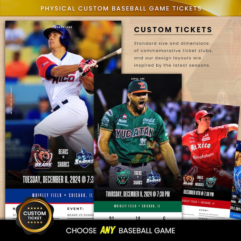 Pu&ograve; includere: Biglietti personalizzati per partite di baseball con foto d'azione dei giocatori. I biglietti includono i dettagli della partita come data, ora e squadre. I layout sono ispirati alle ultime stagioni. &Egrave; visibile anche il testo "CHOOSE ANY BASEBALL GAME".