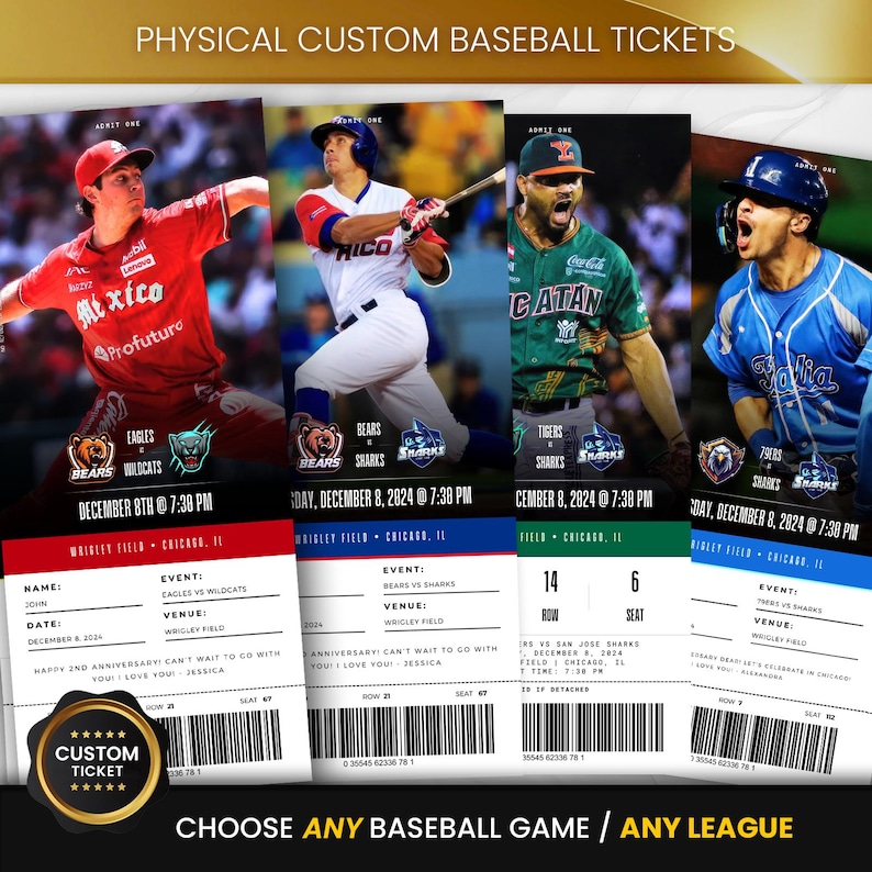 Pu&ograve; includere: Biglietti di baseball personalizzati con giocatori in azione. I biglietti mostrano i loghi delle squadre, i dettagli della partita e il testo "PHYSICAL CUSTOM BASEBALL TICKETS." Le partite si svolgono al Wrigley Field.