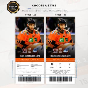 May include: Custom ticket design with two style options. Each ticket features a hockey player in an orange jersey. The tickets are for the Bears vs Sharks game on Tuesday, December 8, 2025, at 19:30.