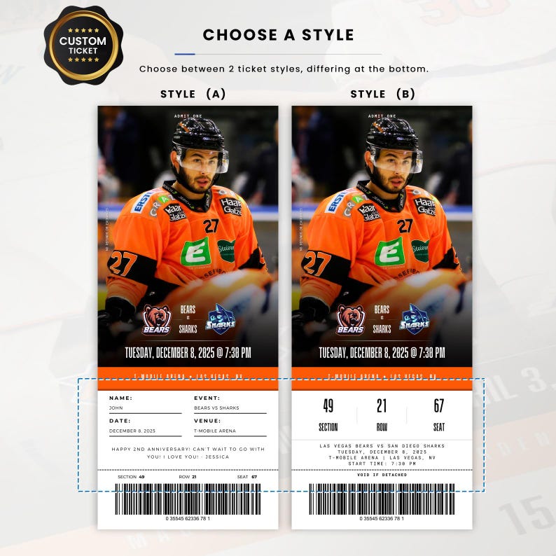 May include: Custom ticket design with two style options. Each ticket features a hockey player in an orange jersey. The tickets are for the Bears vs Sharks game on Tuesday, December 8, 2025, at 19:30.