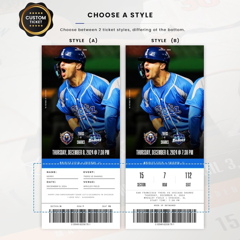 Pu&ograve; includere: Due biglietti di baseball personalizzati con un giocatore in uniforme blu. I biglietti sono etichettati "Scegli uno stile" e presentano il testo "79ERS Sharks" e "Gioved&igrave; 8 dicembre 2024 alle 19:30". Un biglietto ha nome, data e luogo.