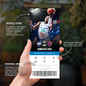 May include: A basketball game ticket featuring a player in a blue and white jersey, holding a basketball. The ticket includes the teams Bears vs. Hawkers, date, time, and arena details. It also has section, row, and seat numbers, plus a personalized message.