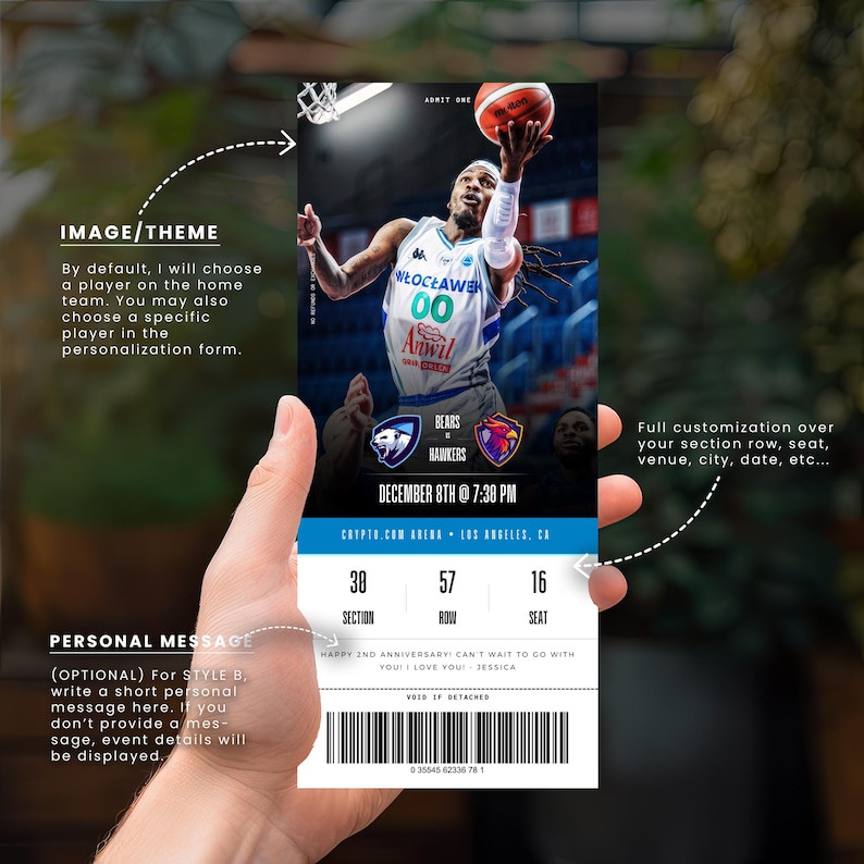 May include: A basketball game ticket featuring a player in a blue and white jersey, holding a basketball. The ticket includes the teams Bears vs. Hawkers, date, time, and arena details. It also has section, row, and seat numbers, plus a personalized message.
