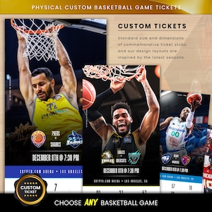 May include: Custom basketball game tickets featuring action shots of players. The tickets display team logos, game details, and the text "CHOOSE ANY BASKETBALL GAME." The tickets are designed with a gold and black color scheme.