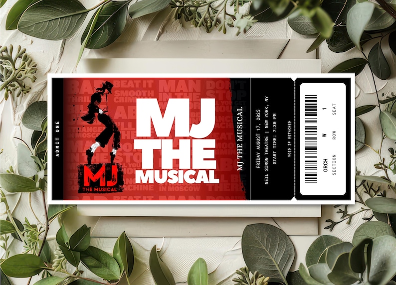 Op de afbeelding: Een ticket voor "MJ The Musical" met een zwart en rood ontwerp. Het ticket toont het logo van de show, een silhouet van een danser en details zoals de datum, tijd en locatie: Neil Simon Theatre, New York, NY.