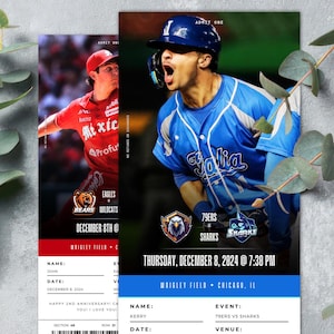 Pu&ograve; includere: Due biglietti per una partita di baseball. Un biglietto presenta un giocatore di baseball in uniforme rossa, l'altro in blu. I biglietti includono i dettagli dell'evento: Eagles contro Wildcats e 79ers contro Sharks.