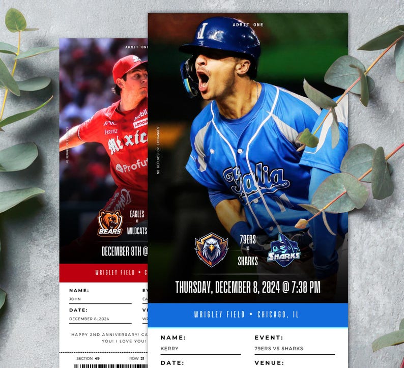 Pu&ograve; includere: Due biglietti per una partita di baseball. Un biglietto presenta un giocatore di baseball in uniforme rossa, l'altro in blu. I biglietti includono i dettagli dell'evento: Eagles contro Wildcats e 79ers contro Sharks.