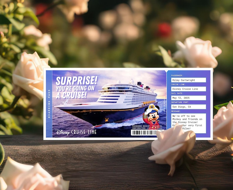 May include: A Disney Cruise Line boarding pass with the text "SURPRISE! YOU'RE GOING ON A CRUISE!". The pass features a cruise ship illustration and Mickey Mouse. Details include the passenger's name, cruise line, sail date, and departure port.