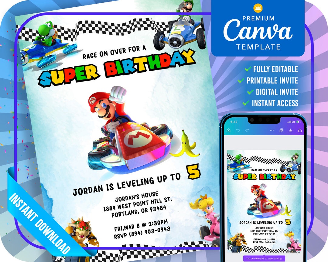 Mario Kart Birthday Invitation for Kids, Boys Birthday Party Template