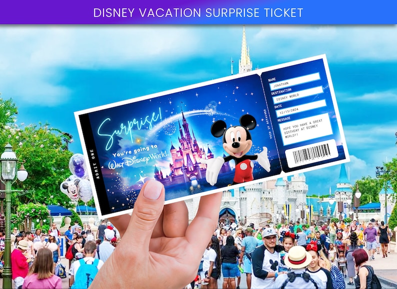 May include: A Disney vacation surprise ticket with the text "Surprise! You're going to Walt Disney World." The ticket features Mickey Mouse and a castle illustration. The ticket is held in front of a crowd of people.