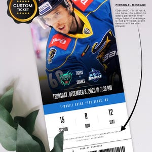 May include: A custom hockey ticket with a player in a blue and yellow uniform. The ticket shows "Tigers vs Sharks" for a game on December 8, 2025, at T-Mobile Arena, Las Vegas. Includes a personal message and seat details.