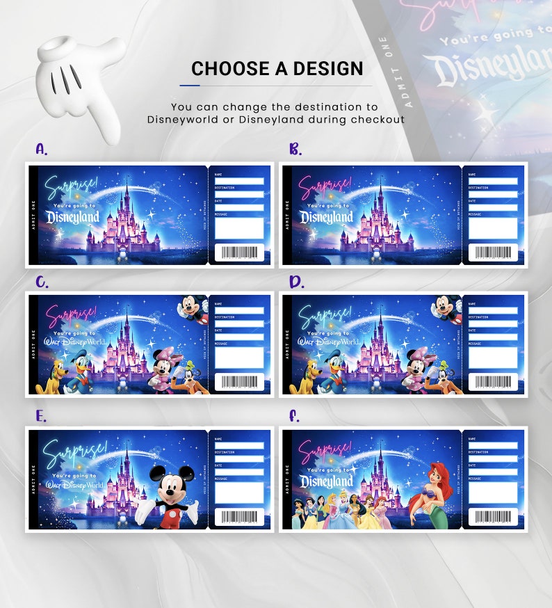 Physical Disneyland Ticket Surprise, Disney World Ticket Template