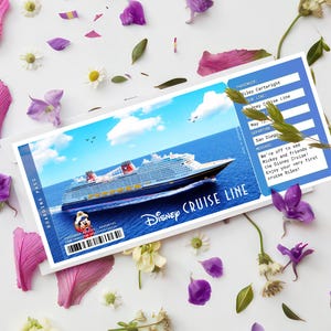 May include: A Disney Cruise Line boarding pass showing a cruise ship at sea under a blue sky. The pass has the text "Disney Cruise Line" and is surrounded by pink and purple flower petals and greenery.