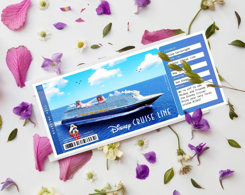 May include: A Disney Cruise Line boarding pass showing a cruise ship at sea under a blue sky. The pass has the text "Disney Cruise Line" and is surrounded by pink and purple flower petals and greenery.