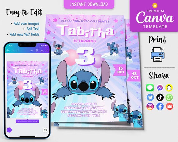 Stitch Birthday Party Invitation Template For Girl - Instant Download