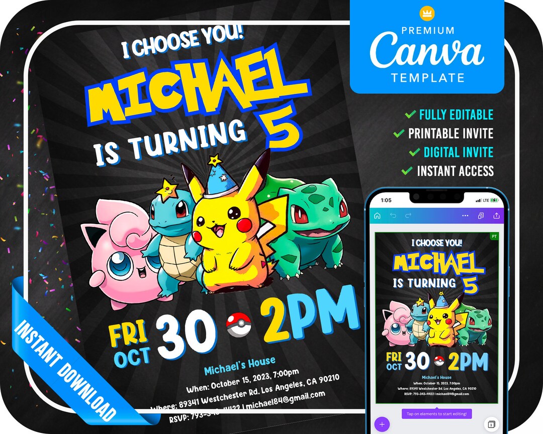 Pokemon Party Invitation, Pokemon Birthday Template, Pokemone Printable