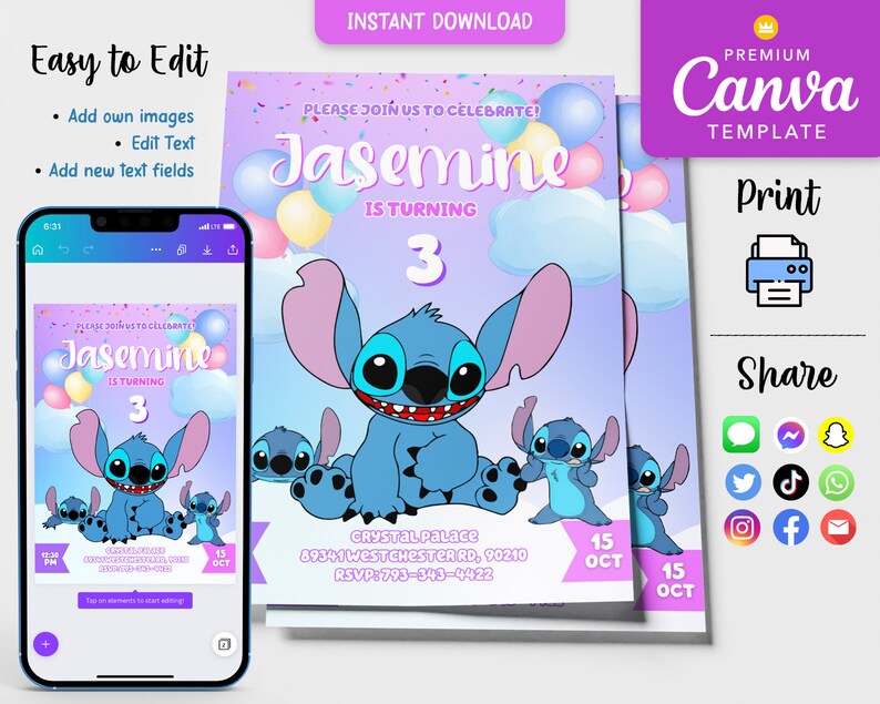 Editable Stitch Birthday Invitation Template, Printable Stitch Birthday Party Invite, Digital ...