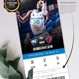 May include: A custom ticket design featuring a basketball player in action. The ticket includes event details: Bears vs. Hawkers, December 8th @ 7:30 PM, Crypto.com Arena, Los Angeles, CA. It also has a section, row, and seat number.
