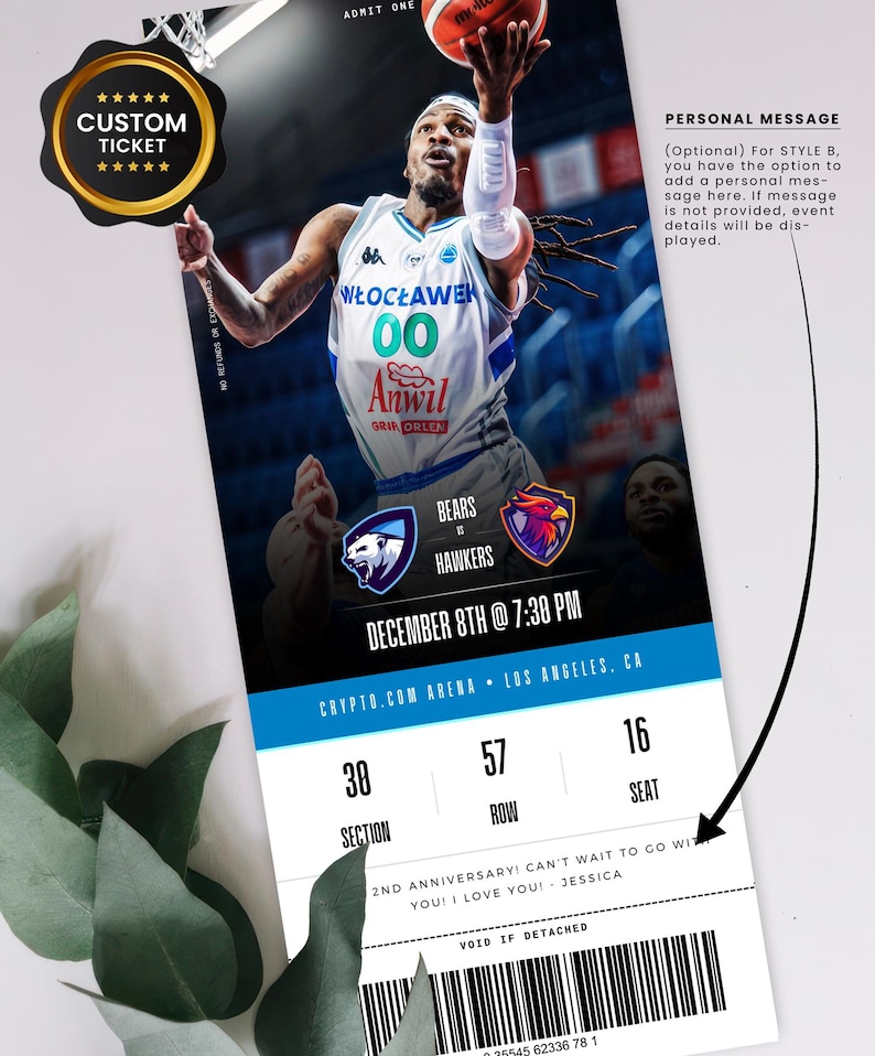May include: A custom ticket design featuring a basketball player in action. The ticket includes event details: Bears vs. Hawkers, December 8th @ 7:30 PM, Crypto.com Arena, Los Angeles, CA. It also has a section, row, and seat number.