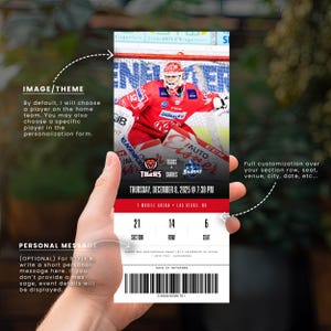 May include: A custom hockey ticket design with a red and white hockey player. The ticket displays the Tigers and Sharks team logos, the date, time, and venue of the game. It also includes section, row, and seat details. The ticket is held in a hand.