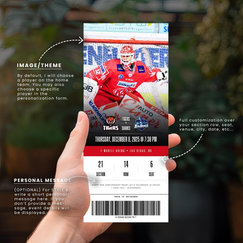 May include: A custom hockey ticket design with a red and white hockey player. The ticket displays the Tigers and Sharks team logos, the date, time, and venue of the game. It also includes section, row, and seat details. The ticket is held in a hand.