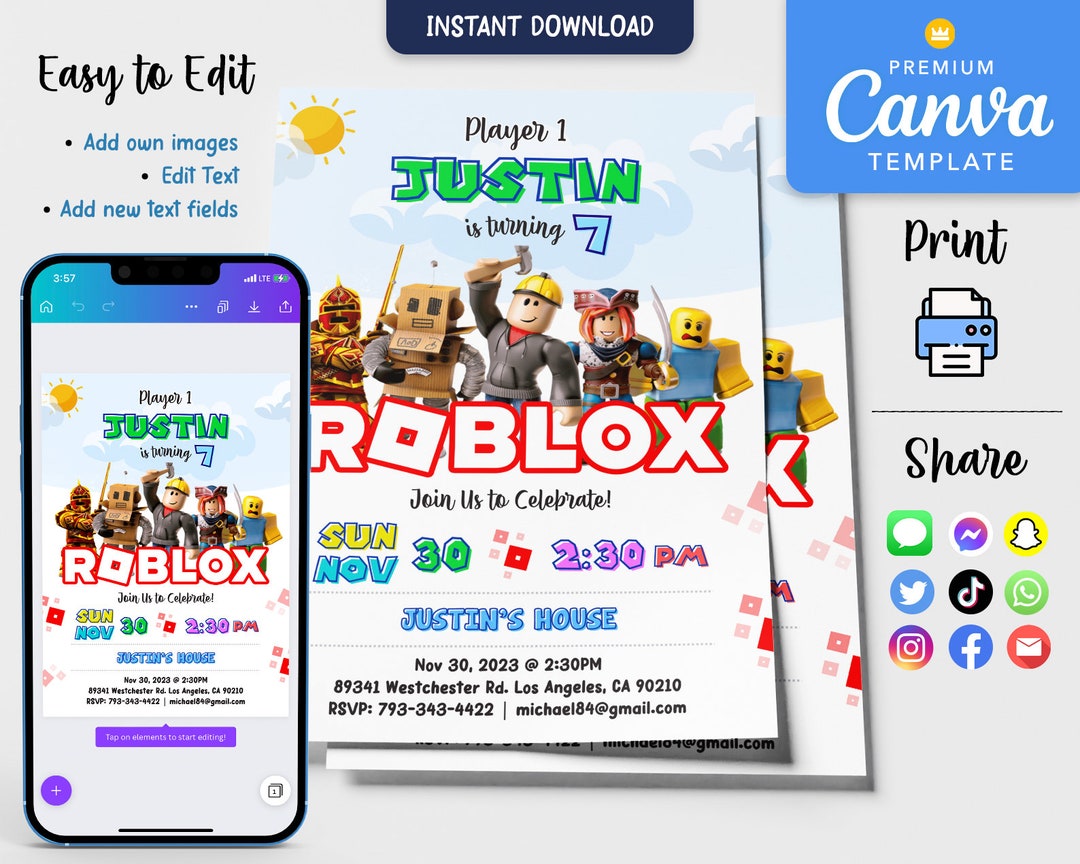 Printable Roblox Birthday Invitation Roblox Party - Etsy