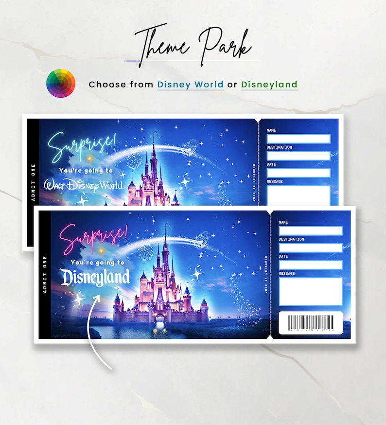 May include: Two theme park tickets with a blue background and a castle illustration. One ticket reads "Walt Disney World" and the other "Disneyland". Both tickets have fill-in sections for name, destination, date, and message.