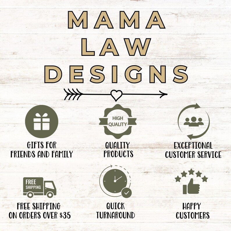May include: A graphic with the text "MAMA LAW DESIGNS" in a brown font on a white wood background. The graphic features six icons with text describing the company's offerings: gifts for friends and family, high quality products, exceptional customer service, free shipping on orders over &pound;35, quick turnaround, and happy customers.