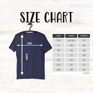 May include: Size chart for a t-shirt with measurements in inches for chest and length. The chart shows sizes XS through 3XL.