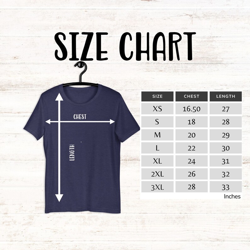 May include: Size chart for a t-shirt with measurements in inches for chest and length. The chart shows sizes XS through 3XL.